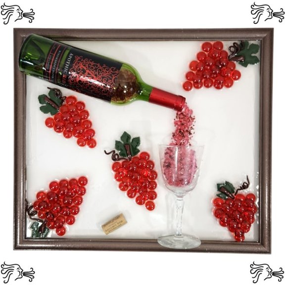 Cut Wine Bottle Red Grape Epoxy Resin Bar Art Bronze Painted Frame Crushed Glass - Picture 1 of 1